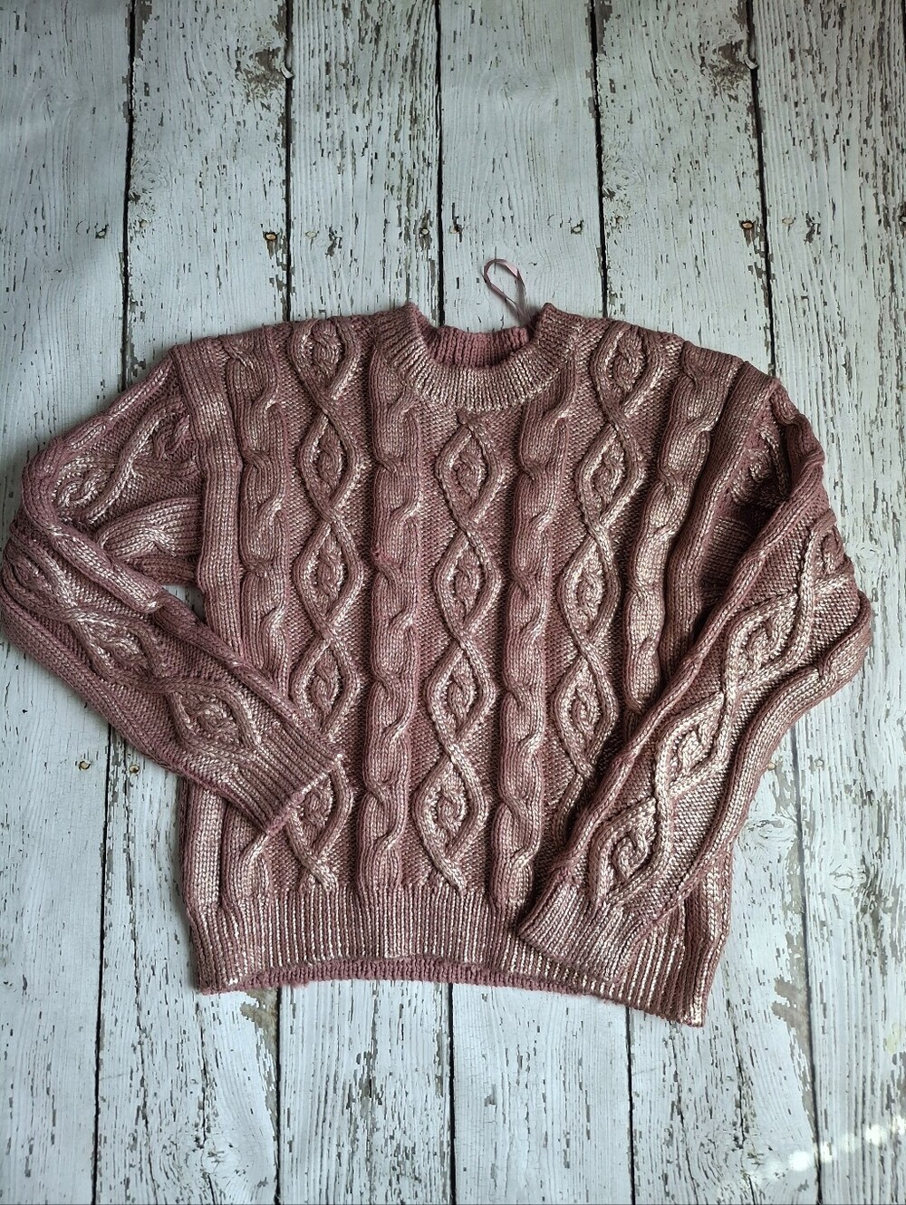 Rock & Roll Cowgirl Shimmery Rose Cable Knit Crewneck Sweater